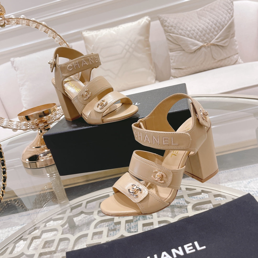 CHANEL 25C Three Strap Sandal High Heel Cream Sheepskin 213349