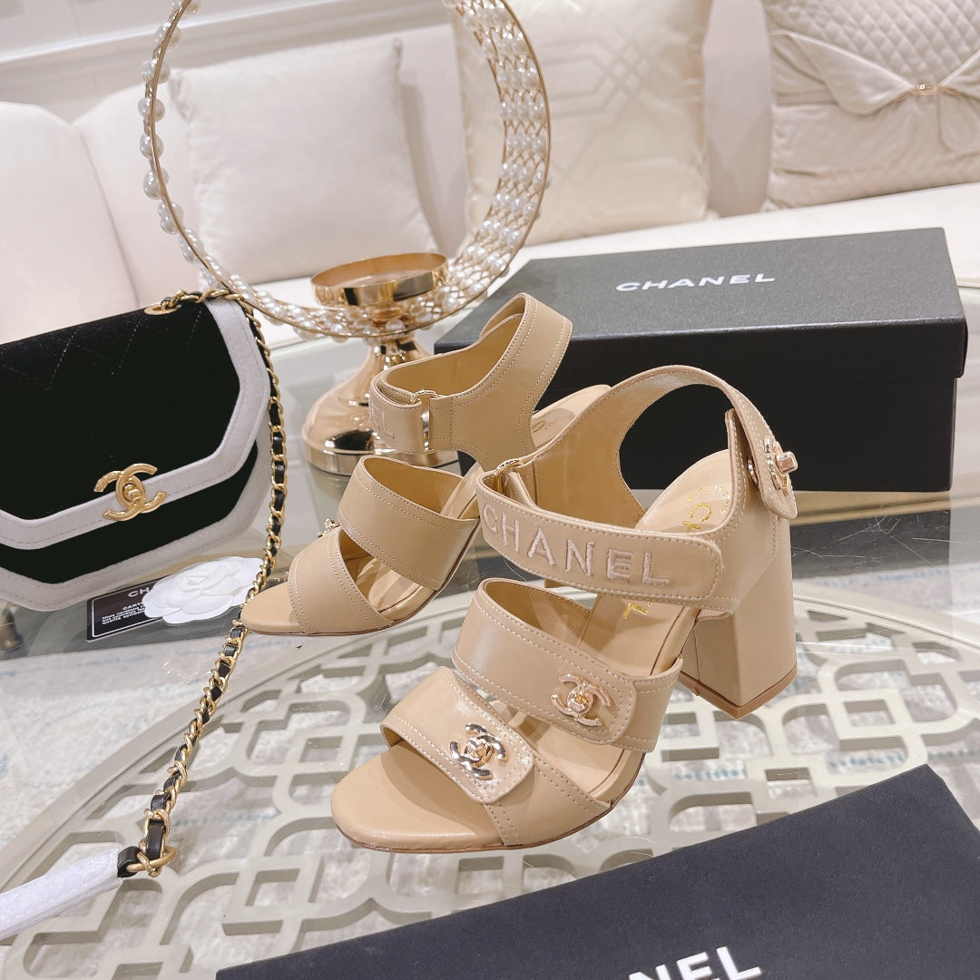 CHANEL 25C Three Strap Sandal High Heel Cream Sheepskin 213349