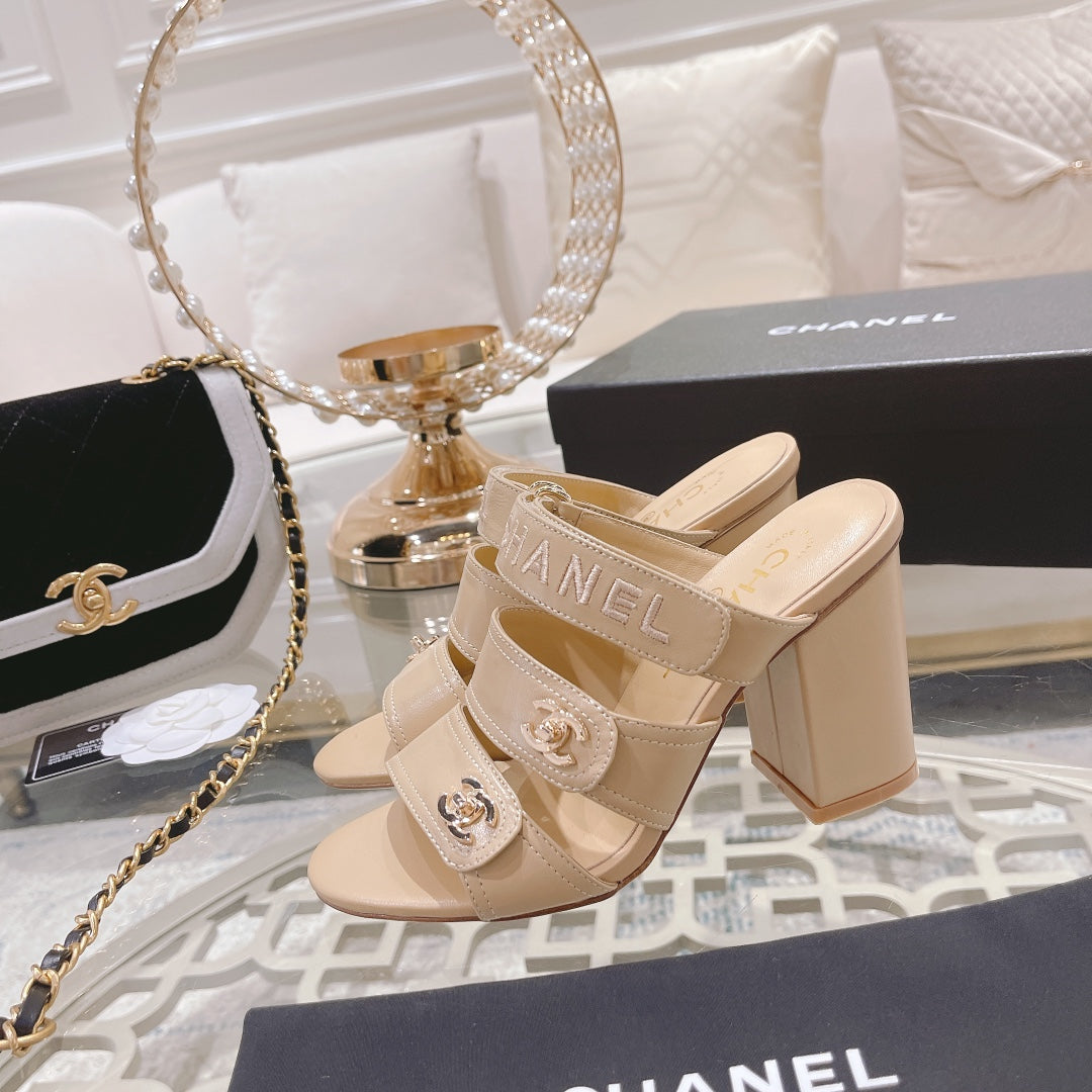 CHANEL 25C Three Strap Sandal Mule High Heel Cream Sheepskin 213347