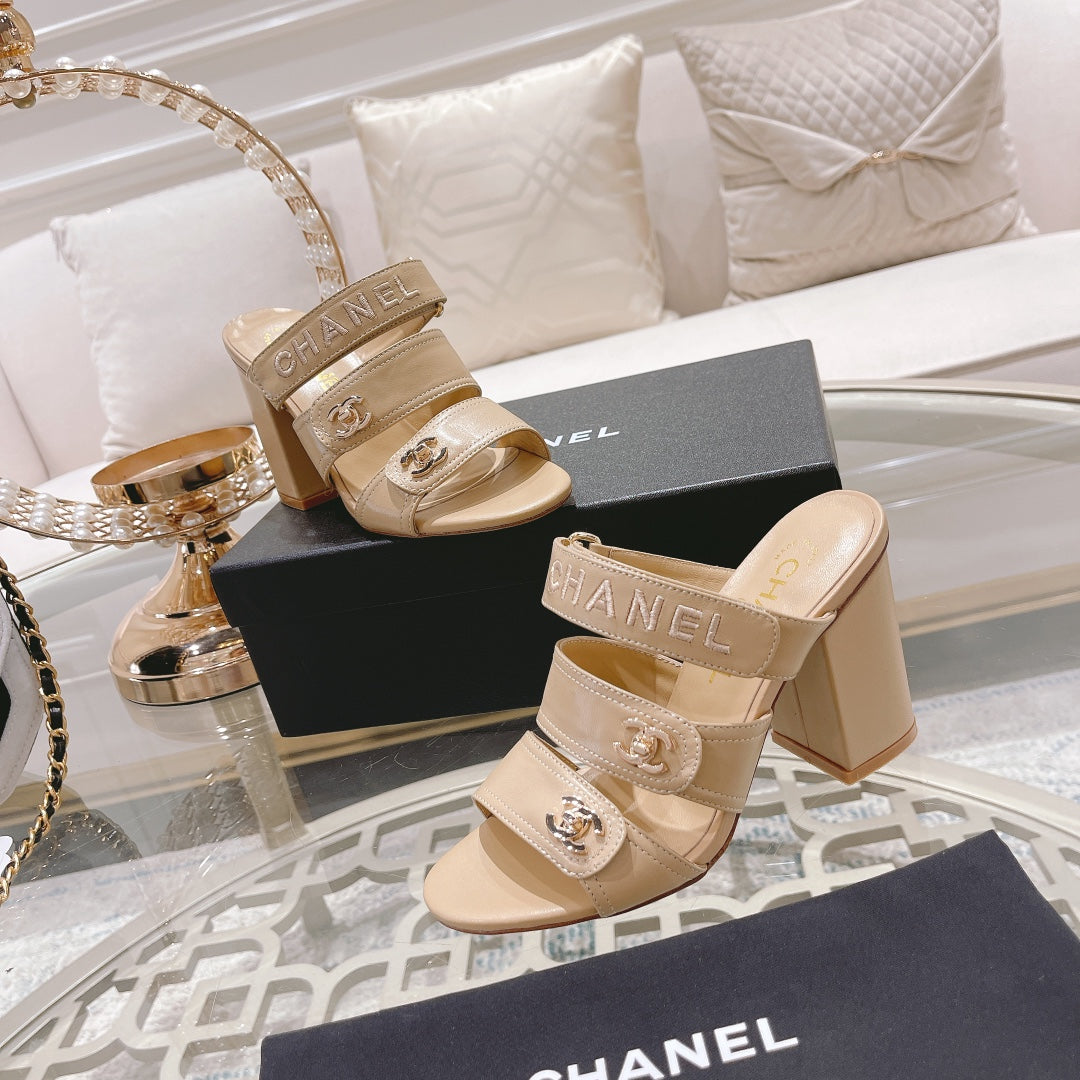CHANEL 25C Three Strap Sandal Mule High Heel Cream Sheepskin 213347