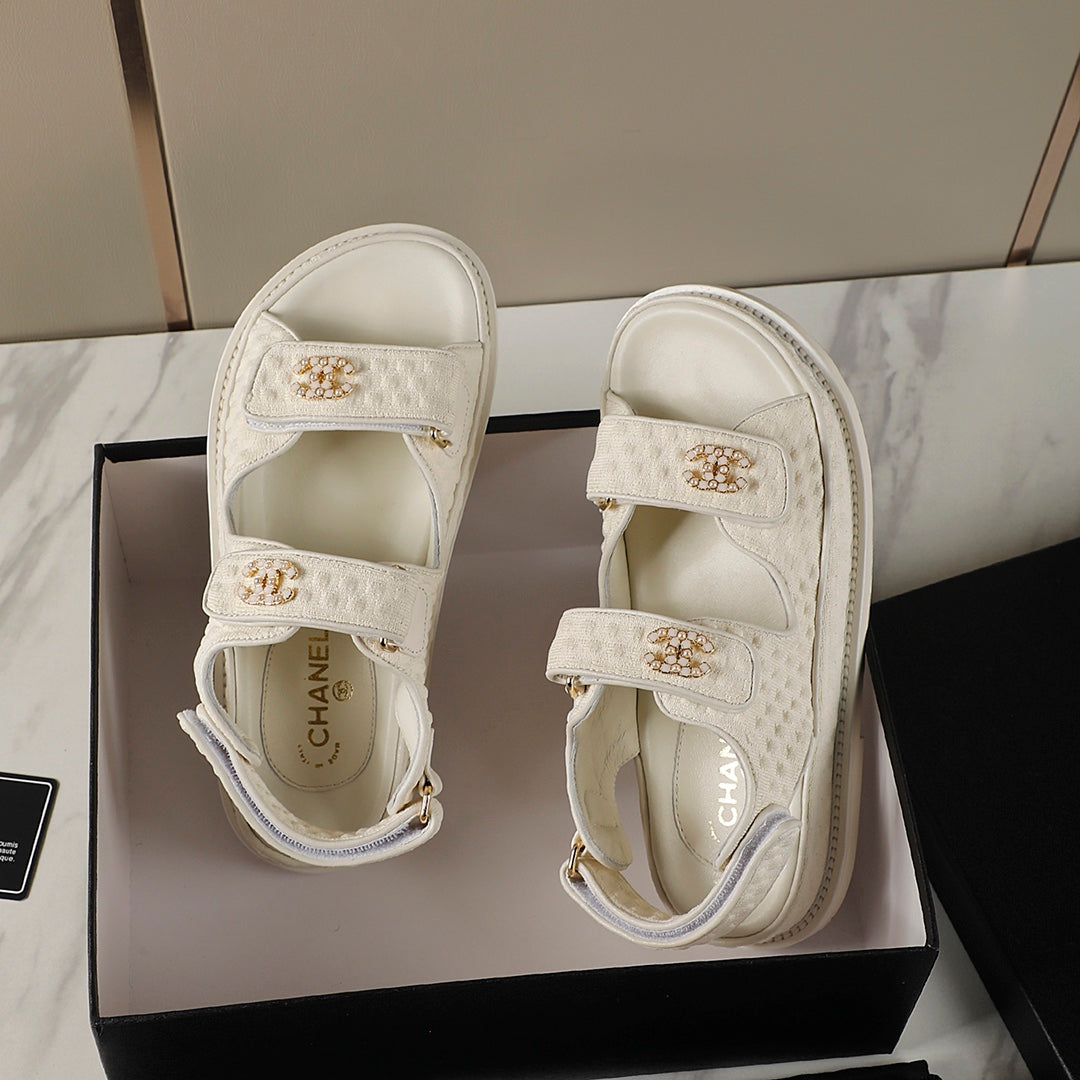 CHANEL 25S Dad Sandal Cream Tweed Calfskin
