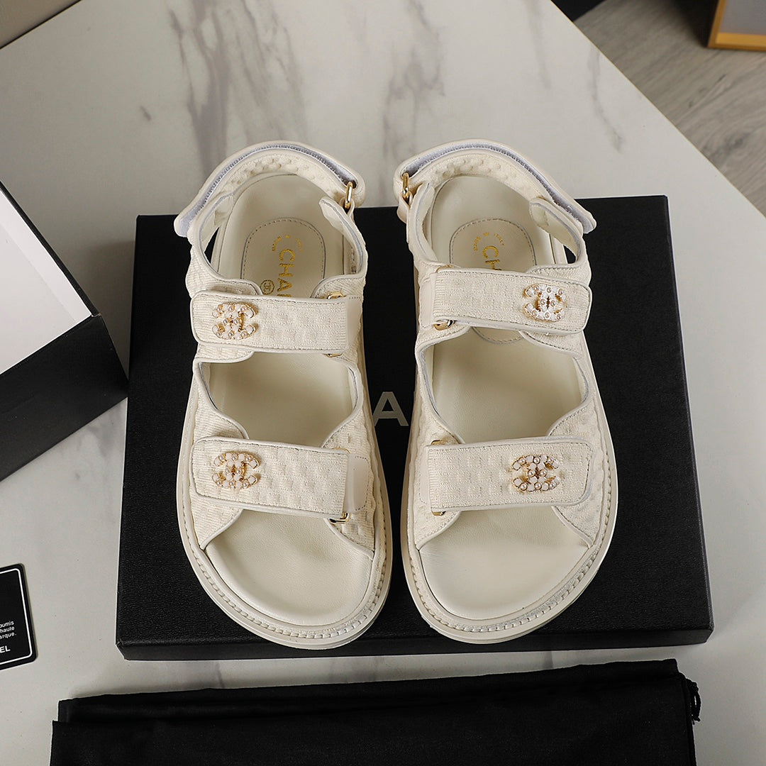 CHANEL 25S Dad Sandal Cream Tweed Calfskin