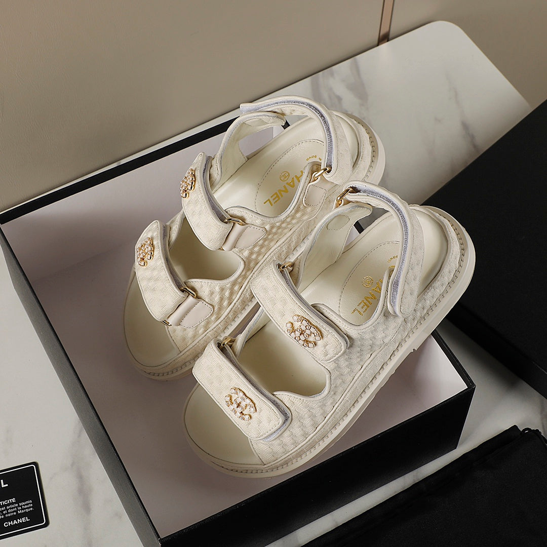 CHANEL 25S Dad Sandal Cream Tweed Calfskin