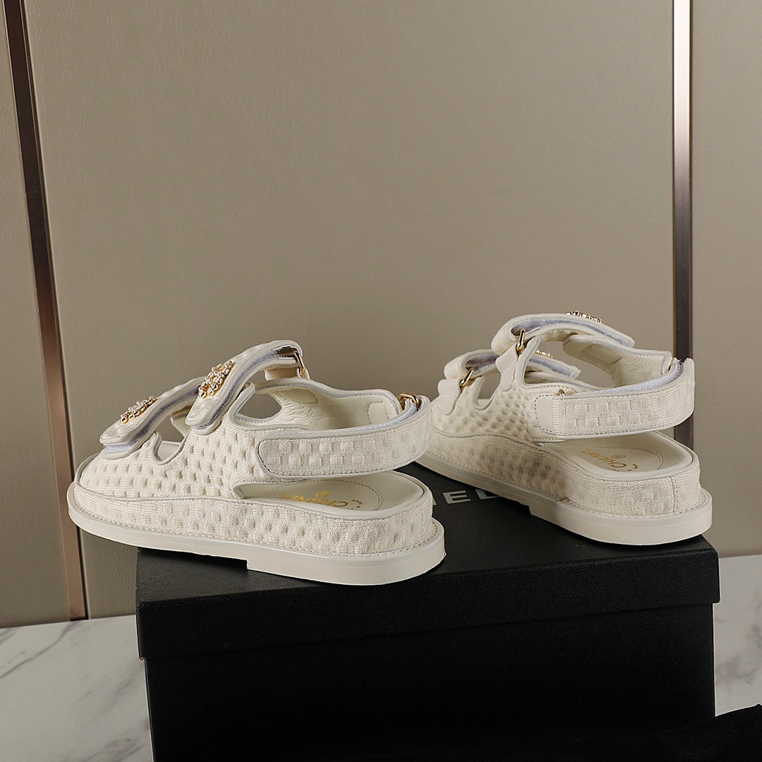CHANEL 25S Dad Sandal Cream Tweed Calfskin