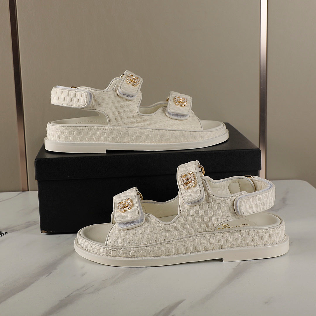 CHANEL 25S Dad Sandal Cream Tweed Calfskin
