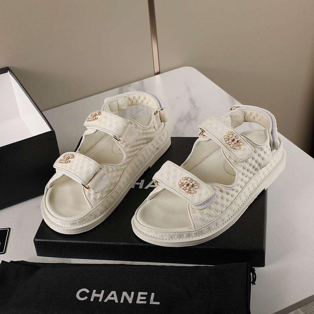 CHANEL 25S Dad Sandal Cream Tweed Calfskin