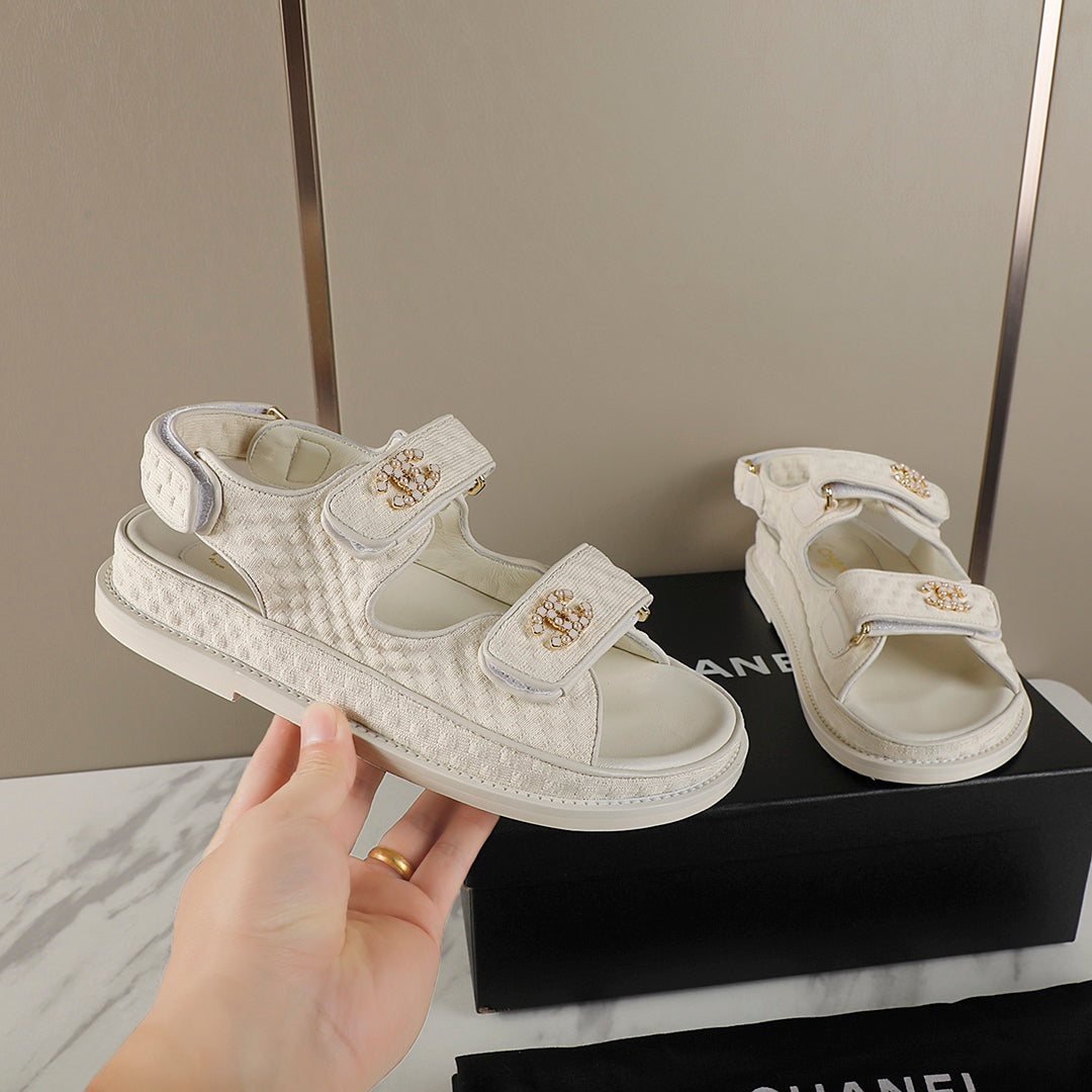 CHANEL 25S Dad Sandal Cream Tweed Calfskin
