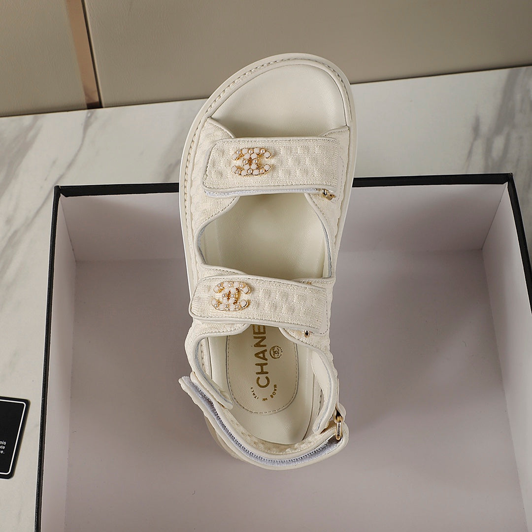 CHANEL 25S Dad Sandal Cream Tweed Calfskin