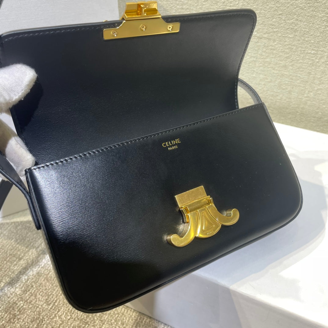 Celine classic triomphe 20 black calfskin leather strap gold hardware