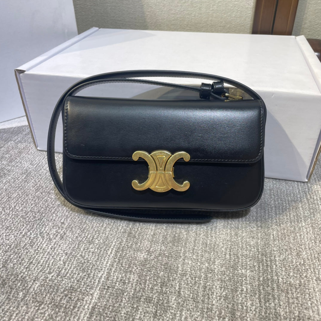 Celine classic triomphe 20 black calfskin leather strap gold hardware
