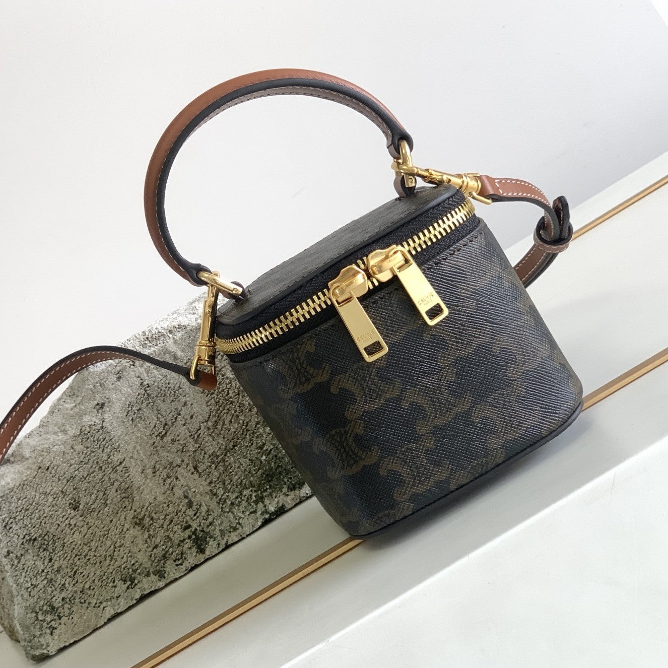 Celine MINI VANITY CASE TRIOMPHE CANVAS AND CAFLSKIN TAN