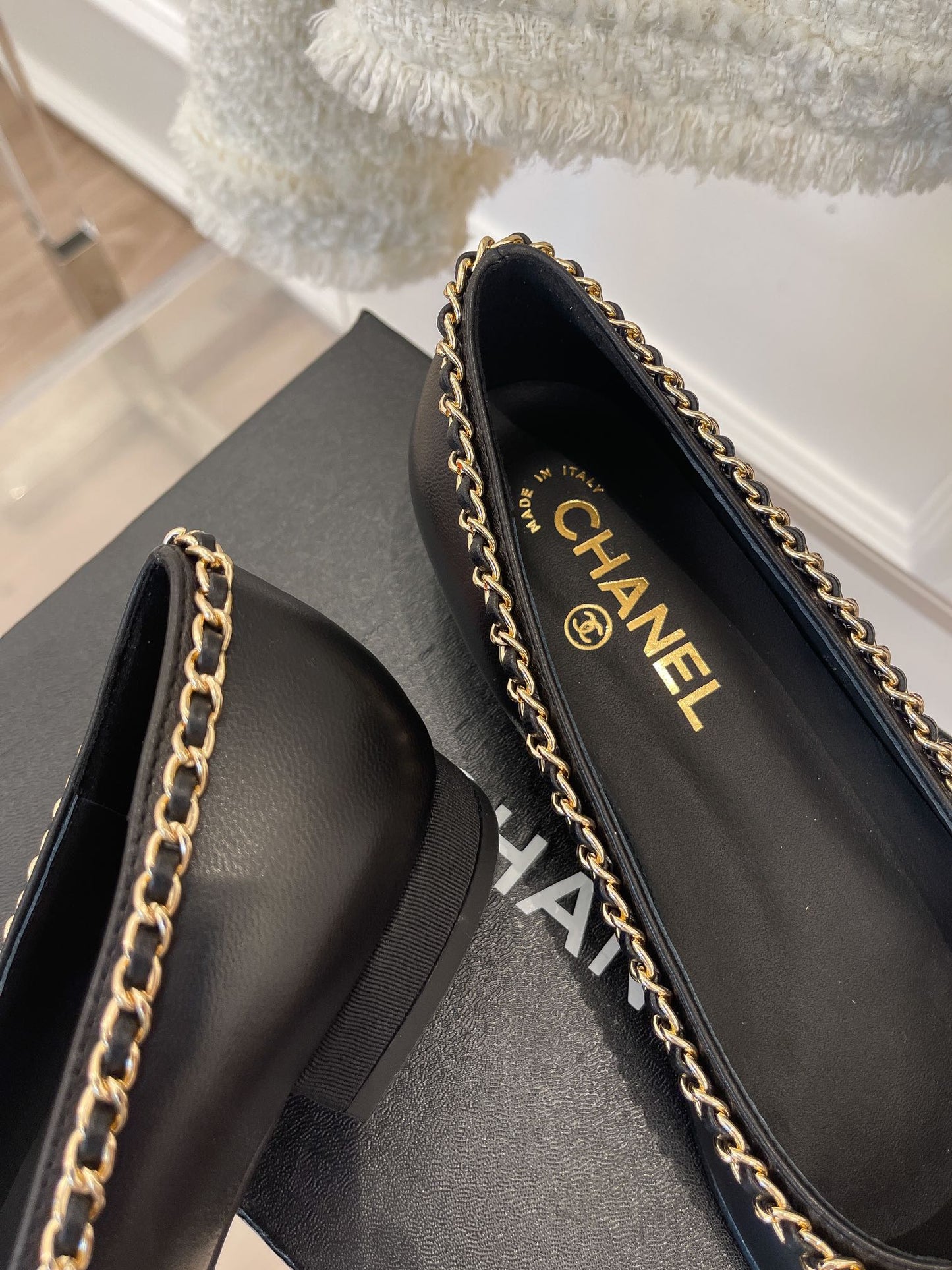 CHANEL Ballet Flats 25mm Black Bow Tie Chain Lambskin