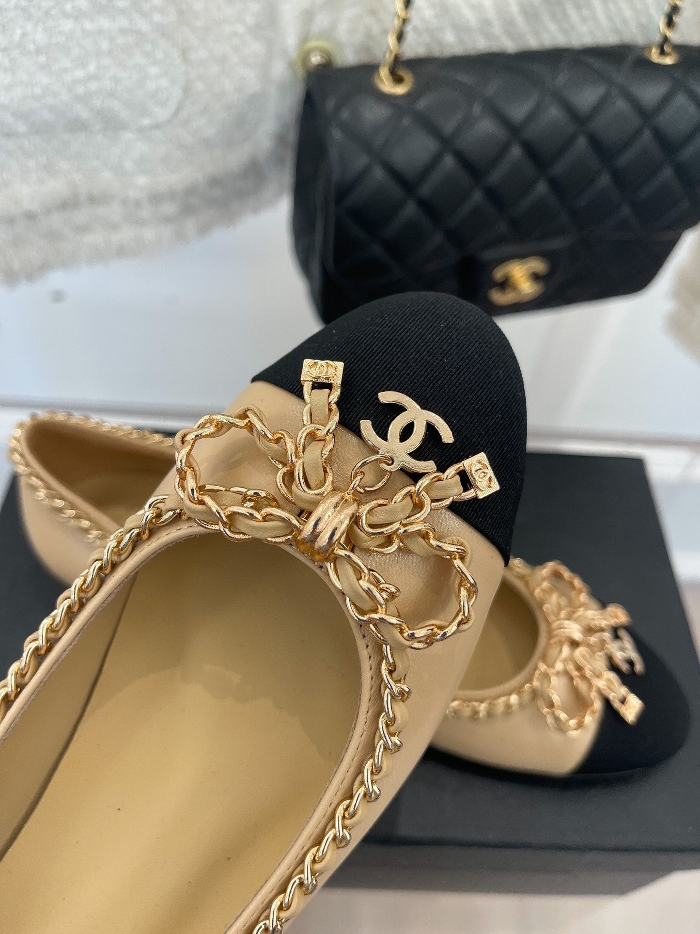 CHANEL Ballet Flats 25mm Beige Bow Tie Chain Lambskin