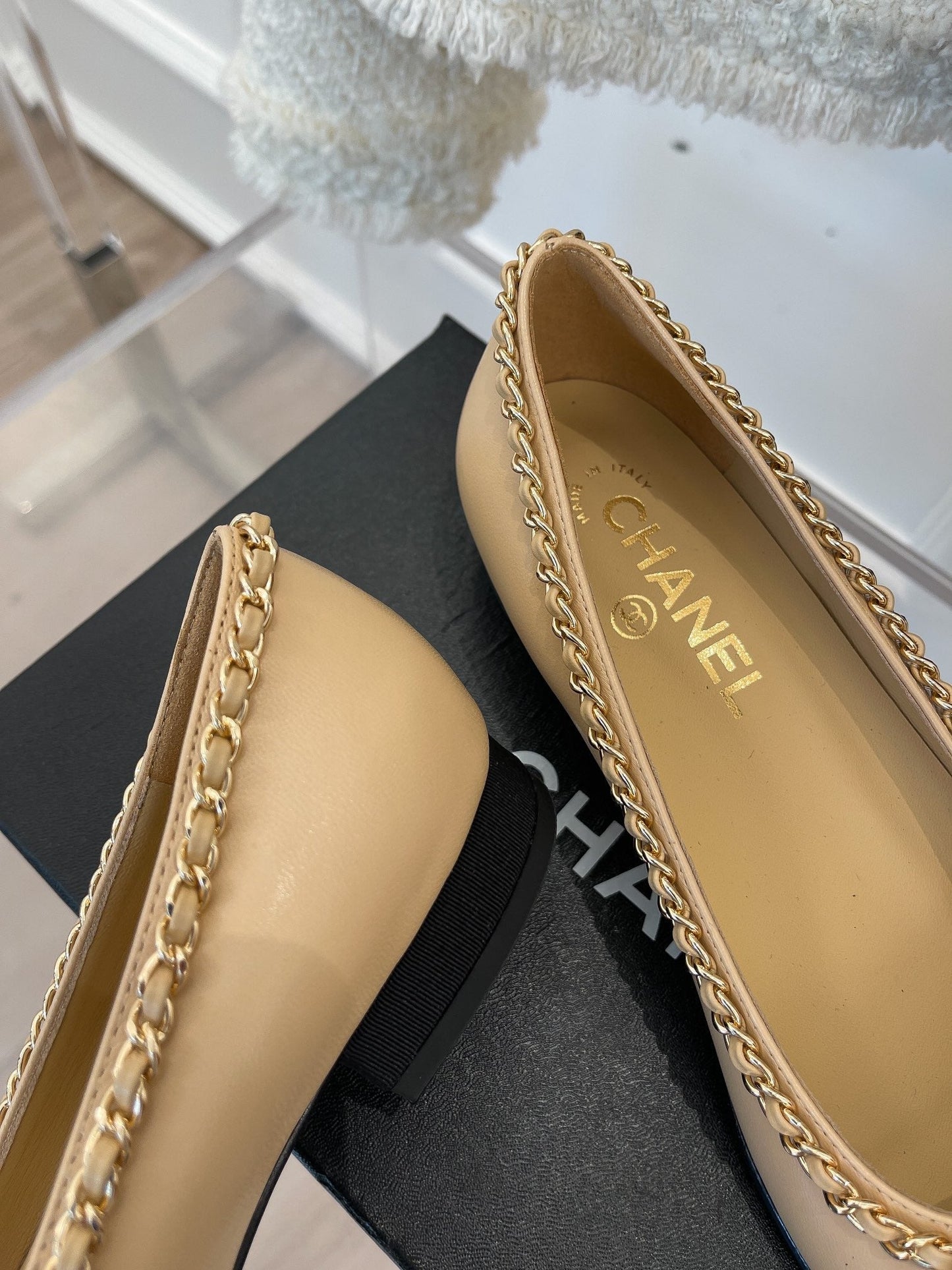 CHANEL Ballet Flats 25mm Beige Bow Tie Chain Lambskin
