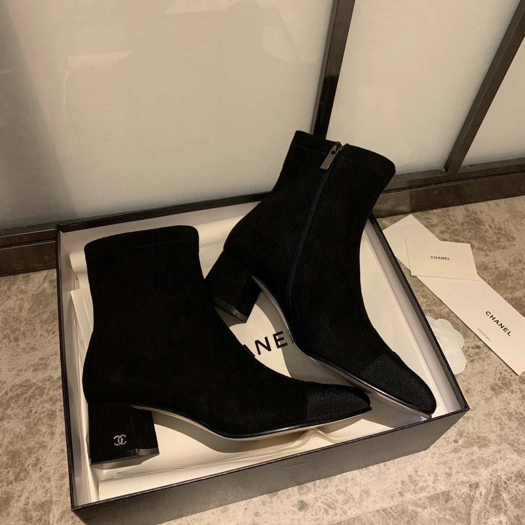 CHANEL Ankle Boots 50mm Black Suede And Lycra Fabric 940055