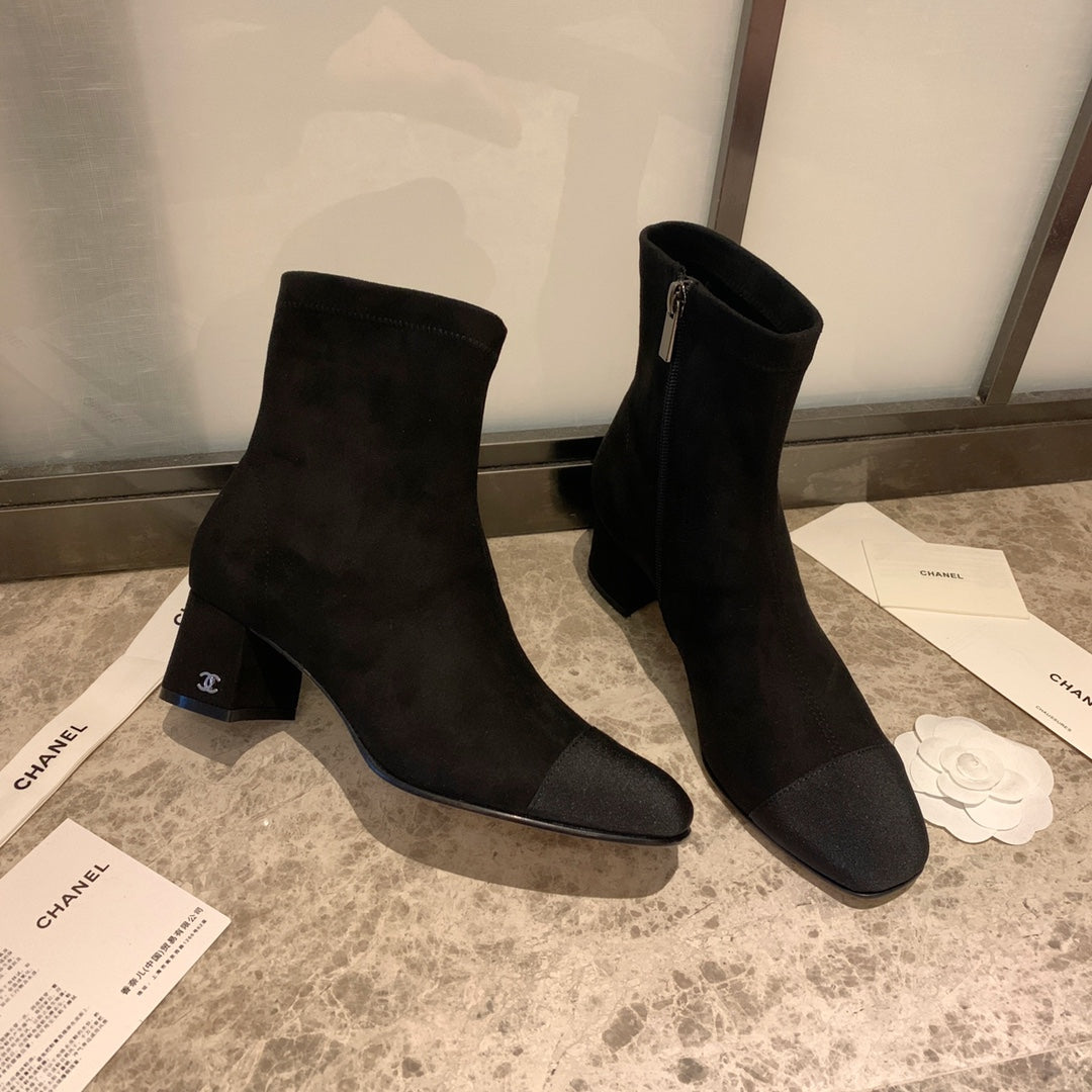 CHANEL Ankle Boots 50mm Black Suede And Lycra Fabric 940055