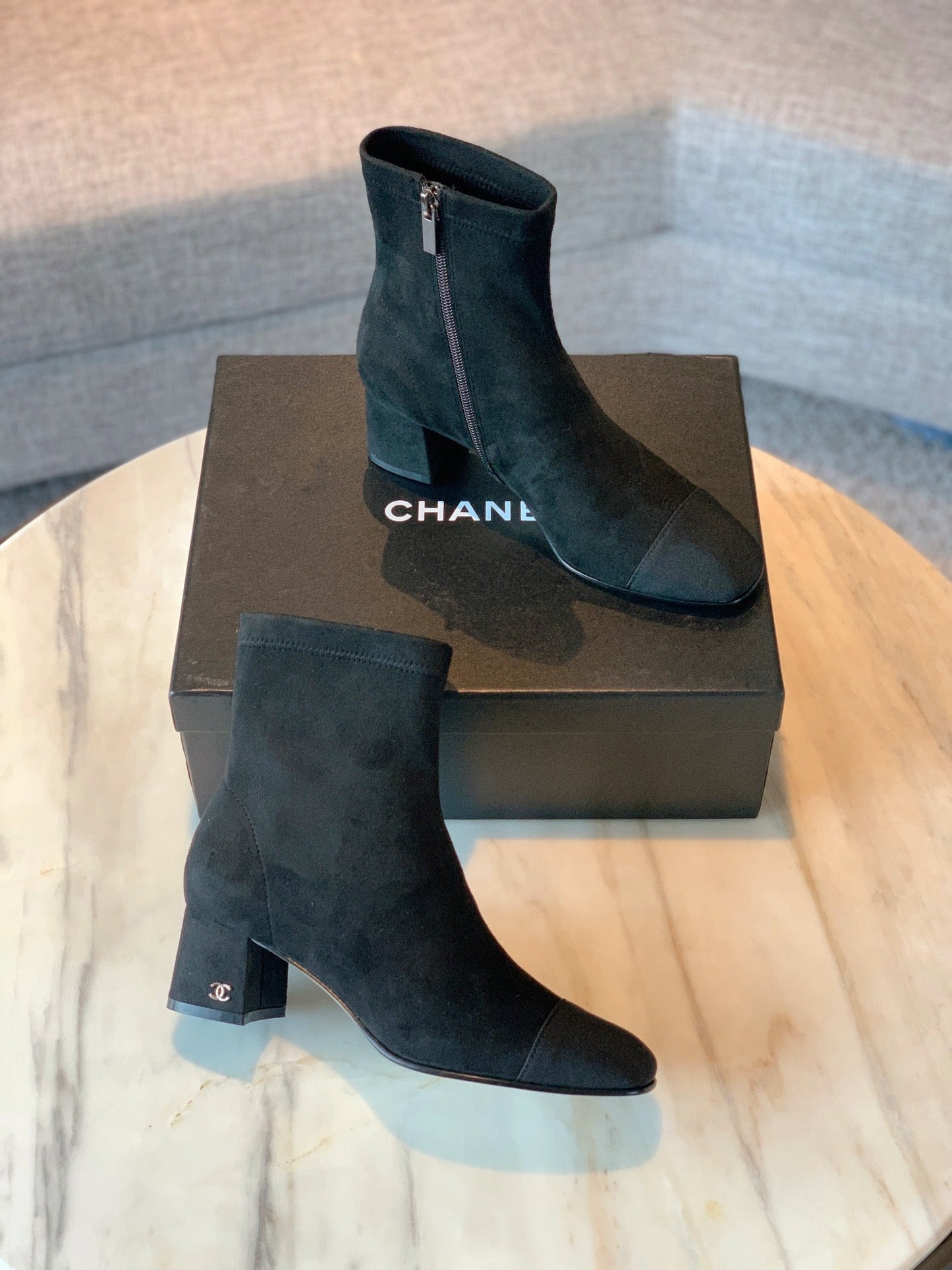 CHANEL Ankle Boots 50mm Black Suede And Lycra Fabric 940055