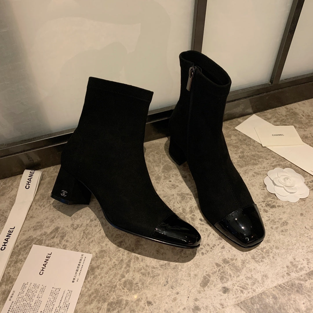 CHANEL Ankle Boots 50mm Black Suede And Glossy Lambskin 940056