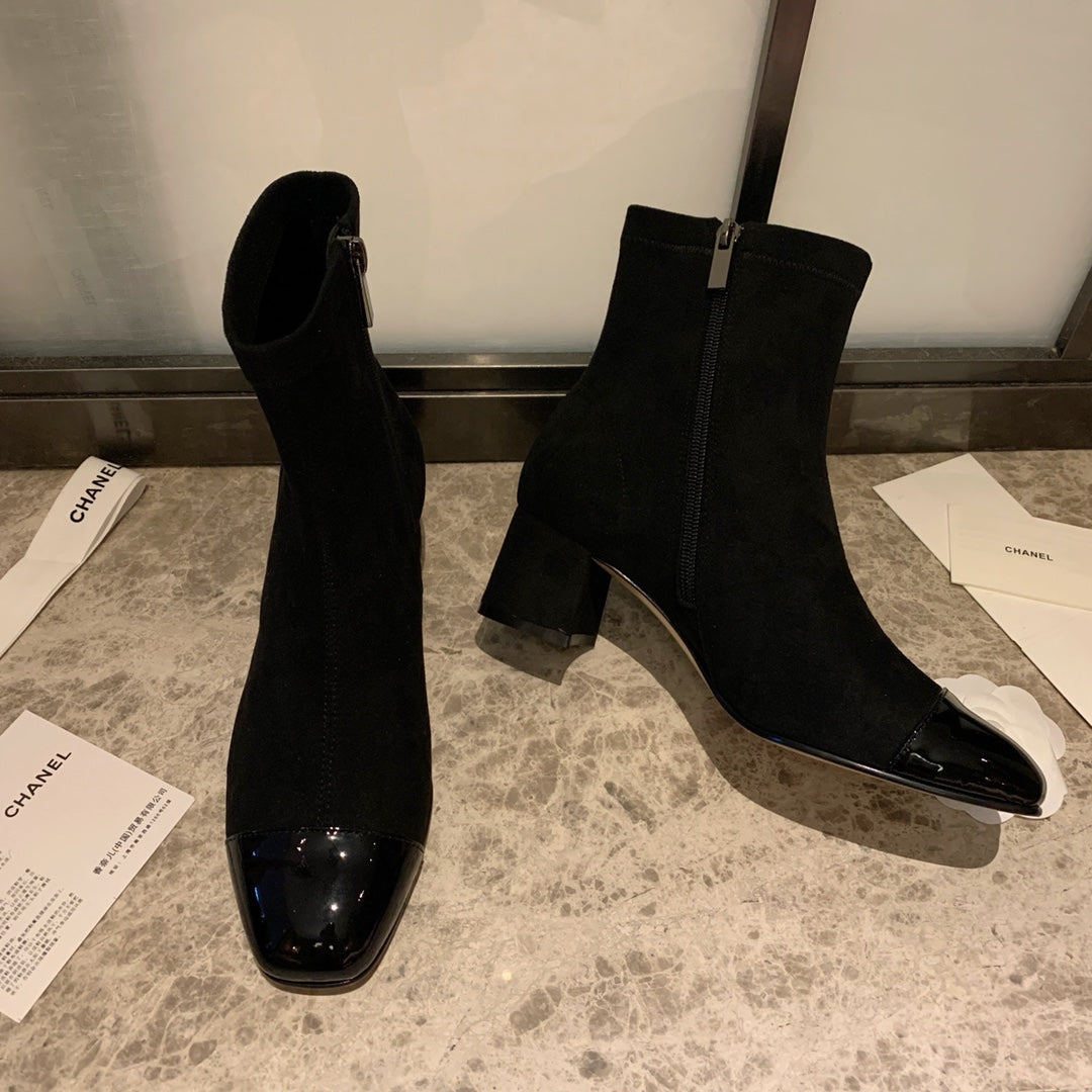 CHANEL Ankle Boots 50mm Black Suede And Glossy Lambskin 940056