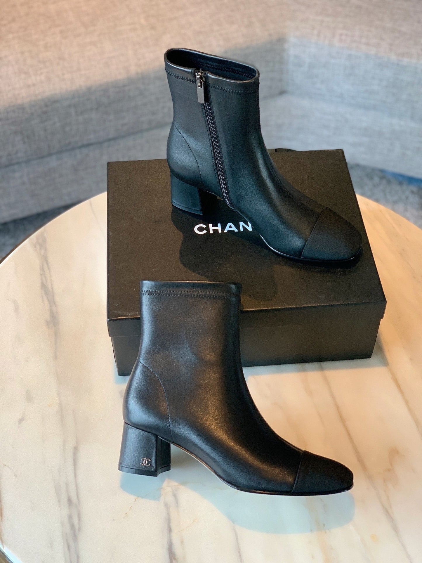 CHANEL Ankle Boots 50mm Black Lambskin And Lycra Fabric 940057