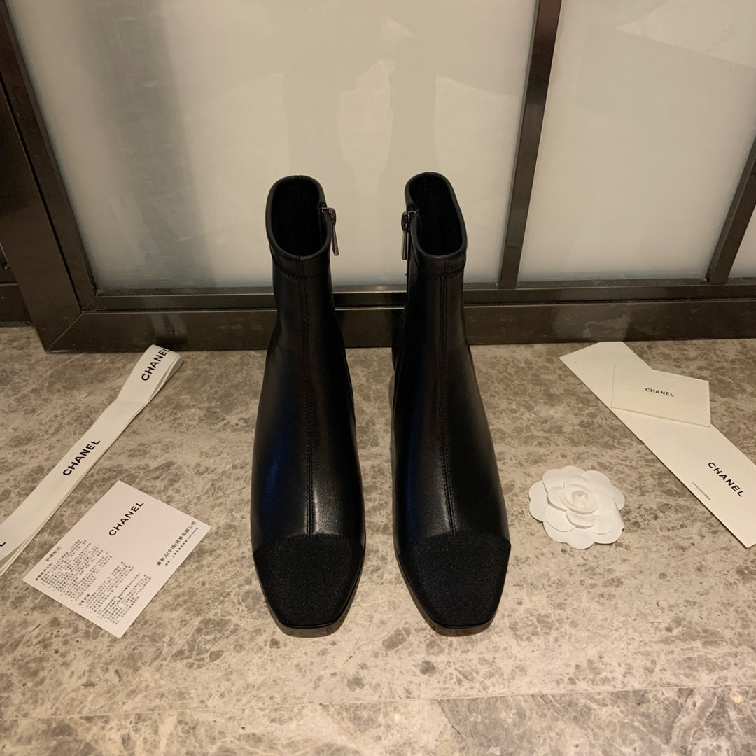 CHANEL Ankle Boots 50mm Black Lambskin And Lycra Fabric 940057