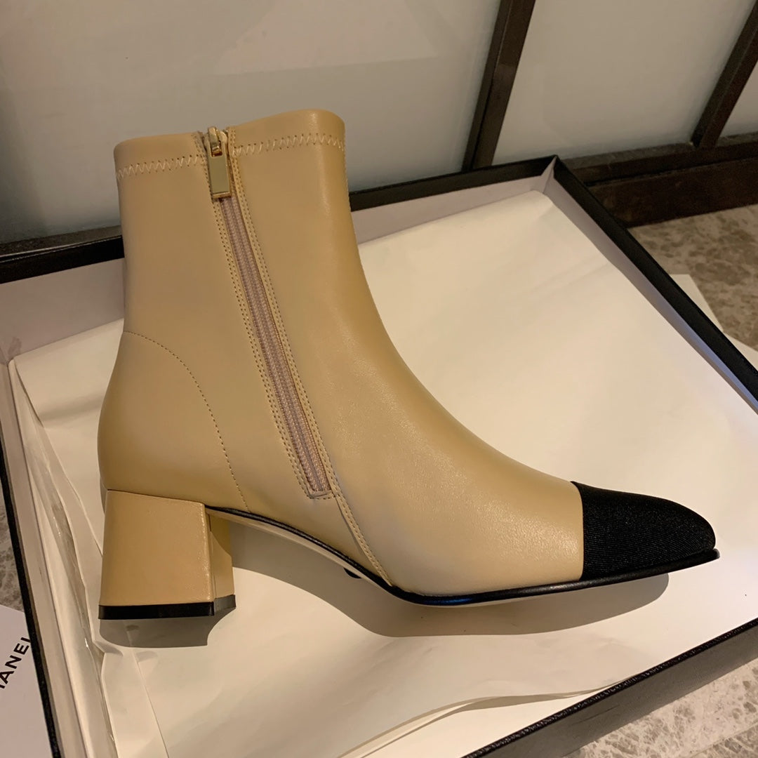 CHANEL Ankle Boots 50mm Beige Lambskin And Lycra Fabric 940058