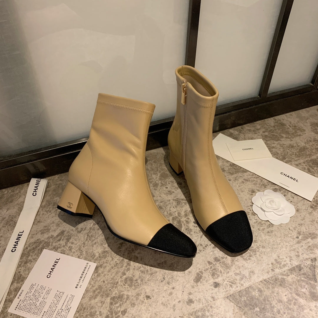 CHANEL Ankle Boots 50mm Beige Lambskin And Lycra Fabric 940058
