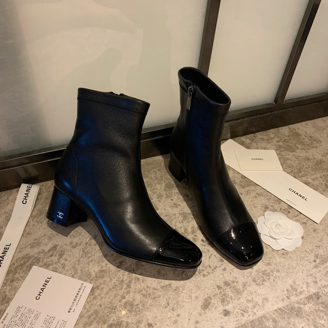 CHANEL Ankle Boots 50mm Black Lambskin And Glossy Cowhide 940059