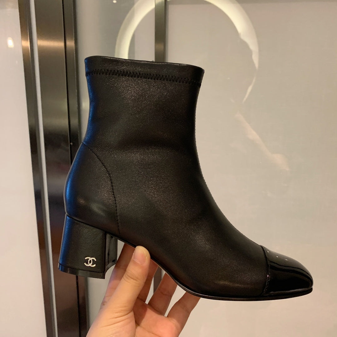 CHANEL Ankle Boots 50mm Black Lambskin And Glossy Cowhide 940059