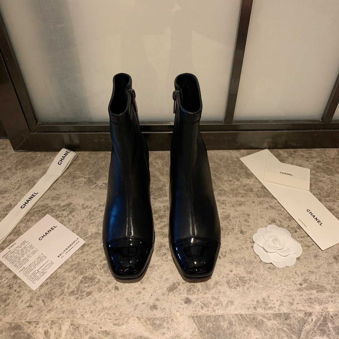 CHANEL Ankle Boots 50mm Black Lambskin And Glossy Cowhide 940059