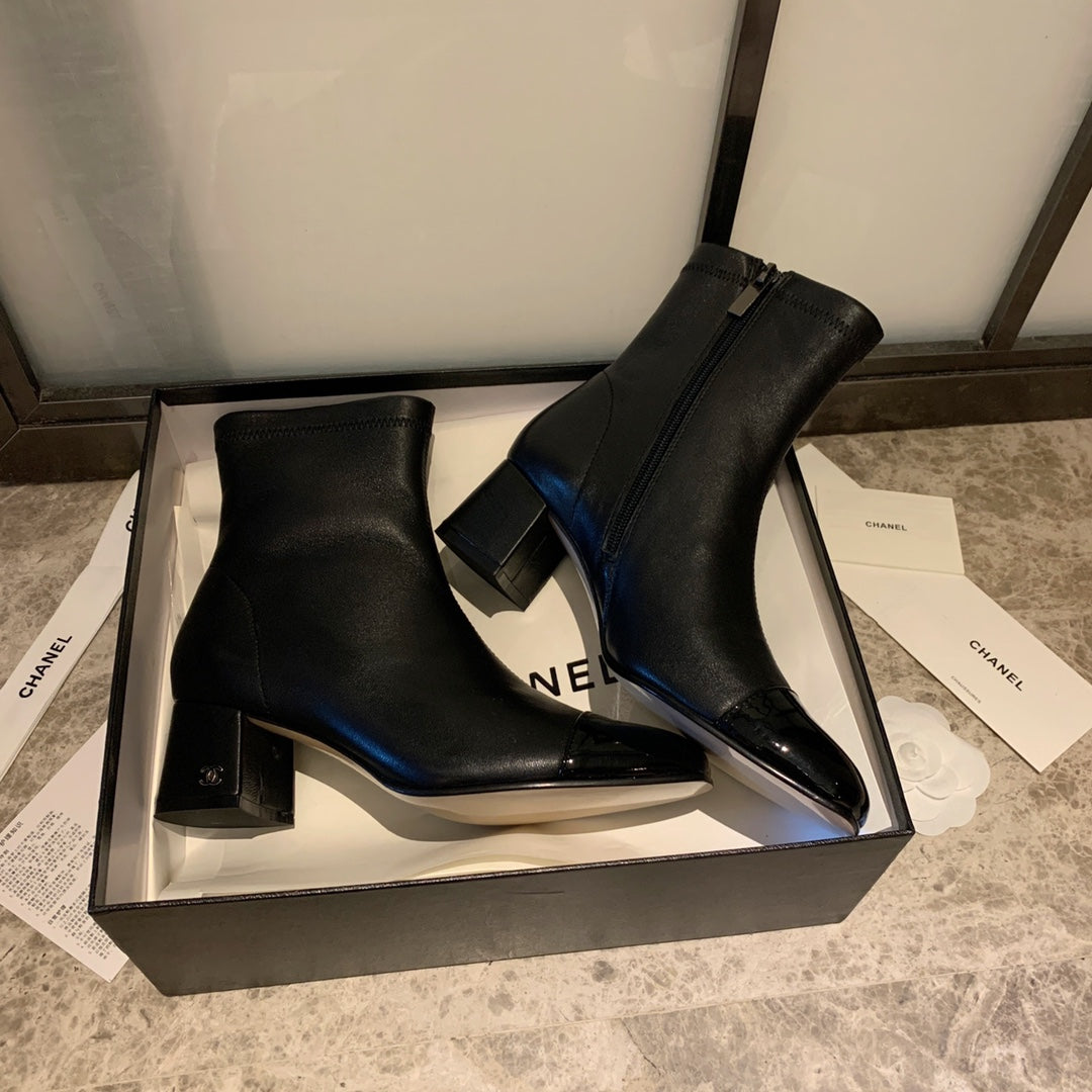 CHANEL Ankle Boots 50mm Black Lambskin And Glossy Cowhide 940059