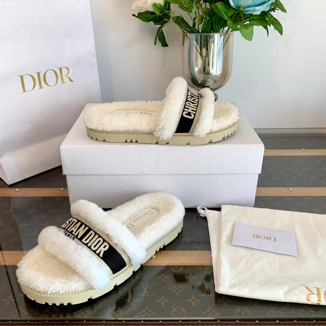DIOR Dway Slide Black White Fleece Lining And Canvas Fabric