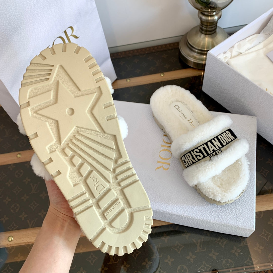 DIOR Dway Slide Black White Wool Fleece Lining And Canvas Fabric
