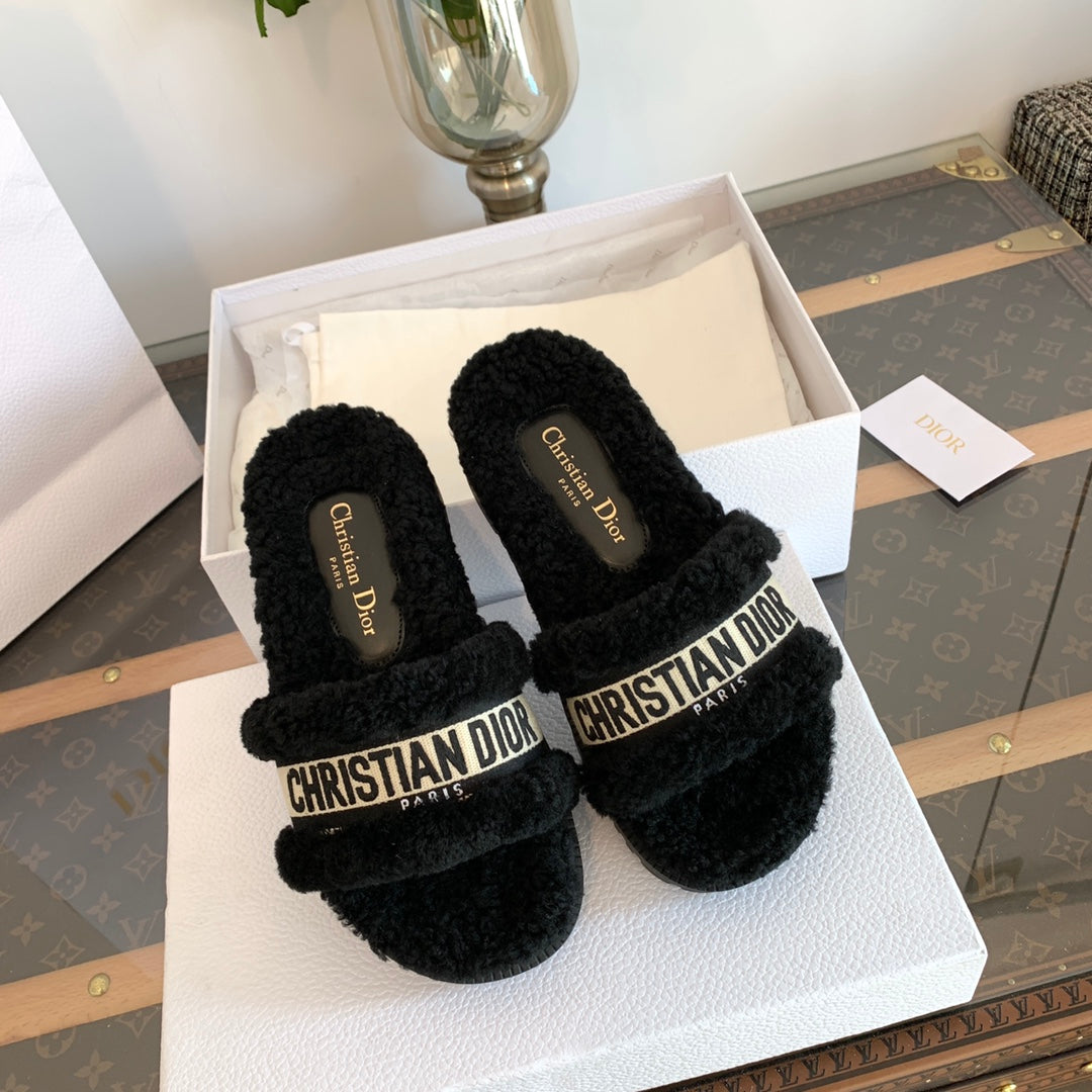 DIOR Dway Slide Black Wool Fleece Lining And Canvas Fabric