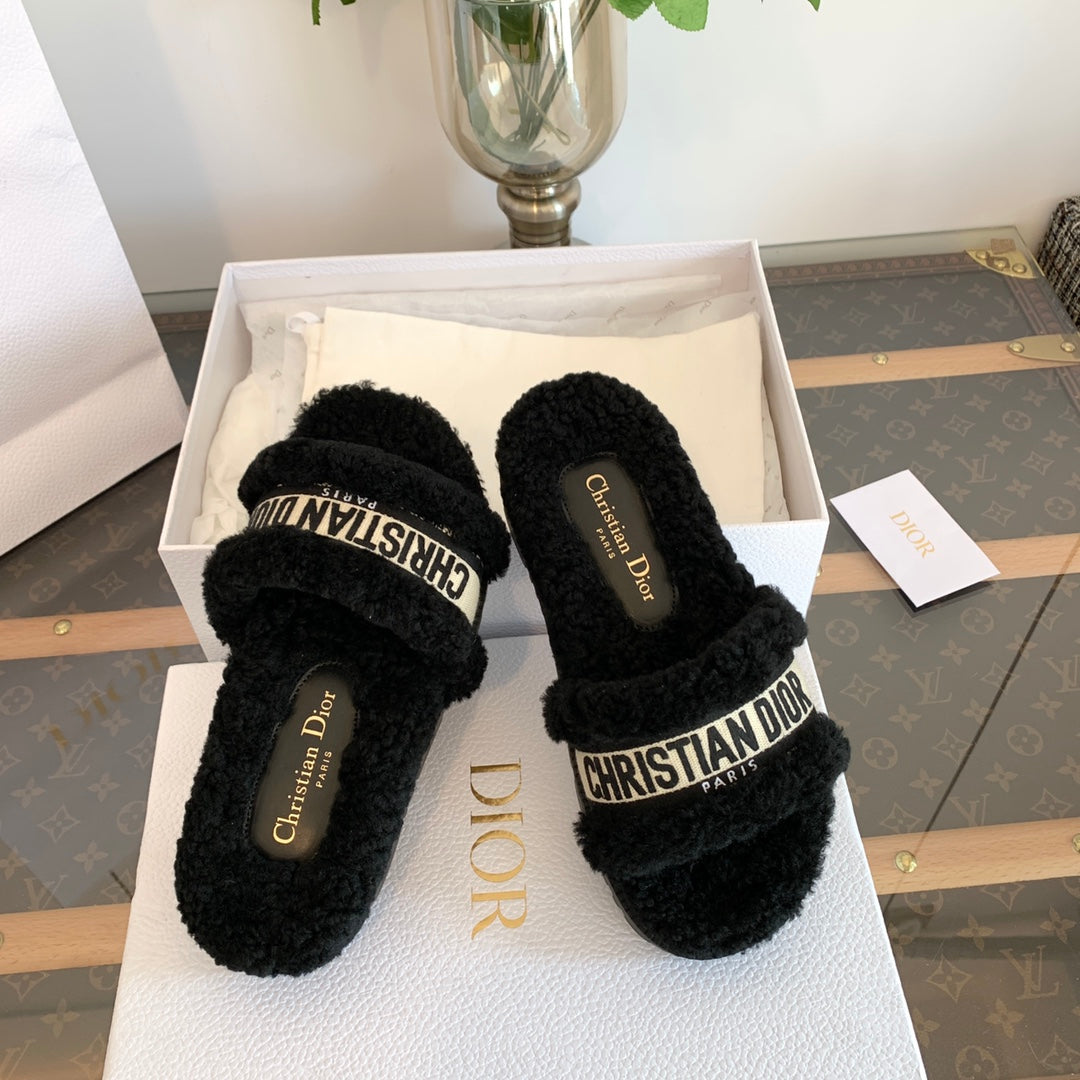 DIOR Dway Slide Black Wool Fleece Lining And Canvas Fabric