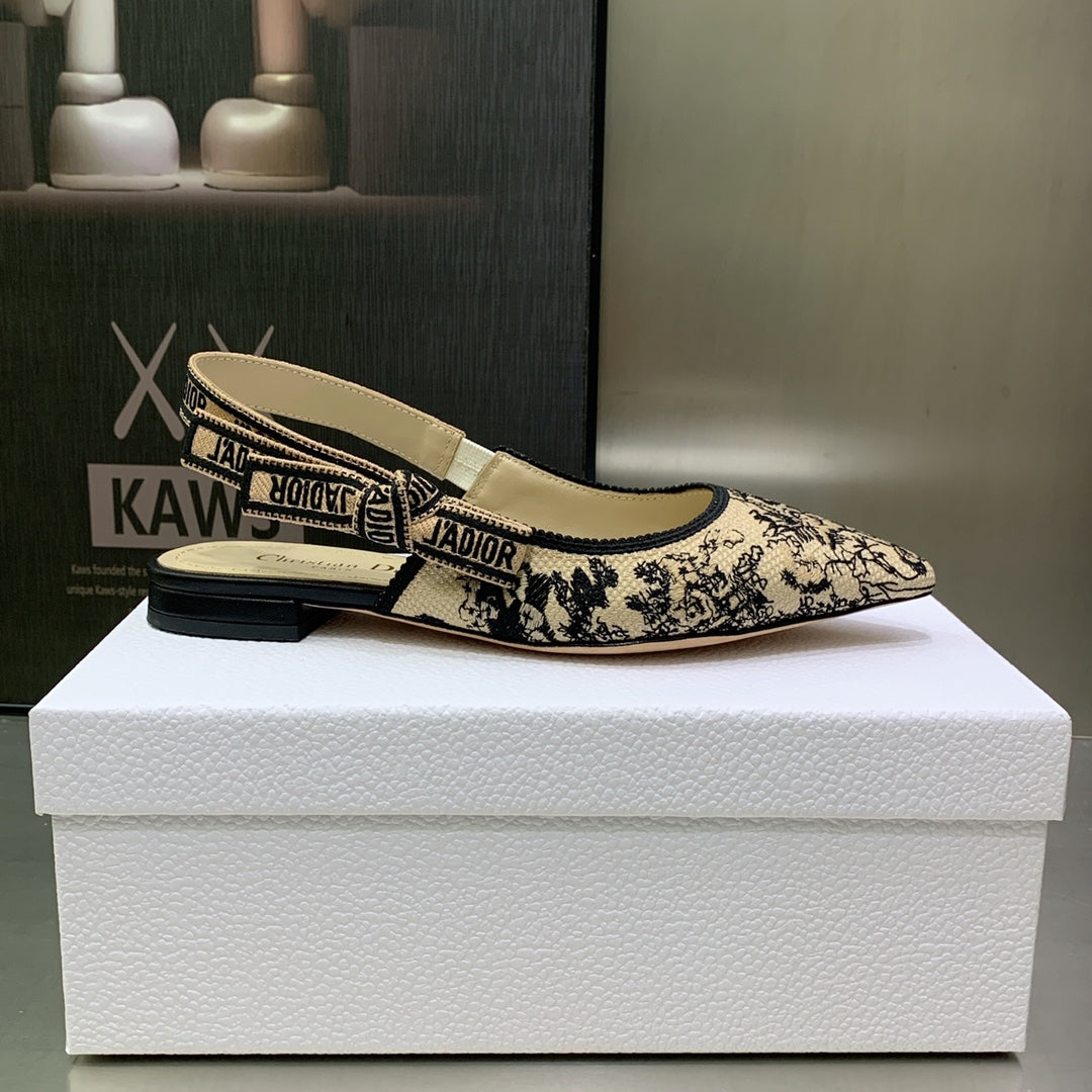 DIOR JA DIOR Slingback Flat Black Embroidered Cotton with Gold-Tone Metallic Thread