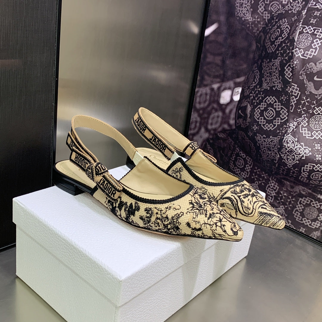 DIOR JA DIOR Slingback Flat Black Embroidered Cotton with Gold-Tone Metallic Thread