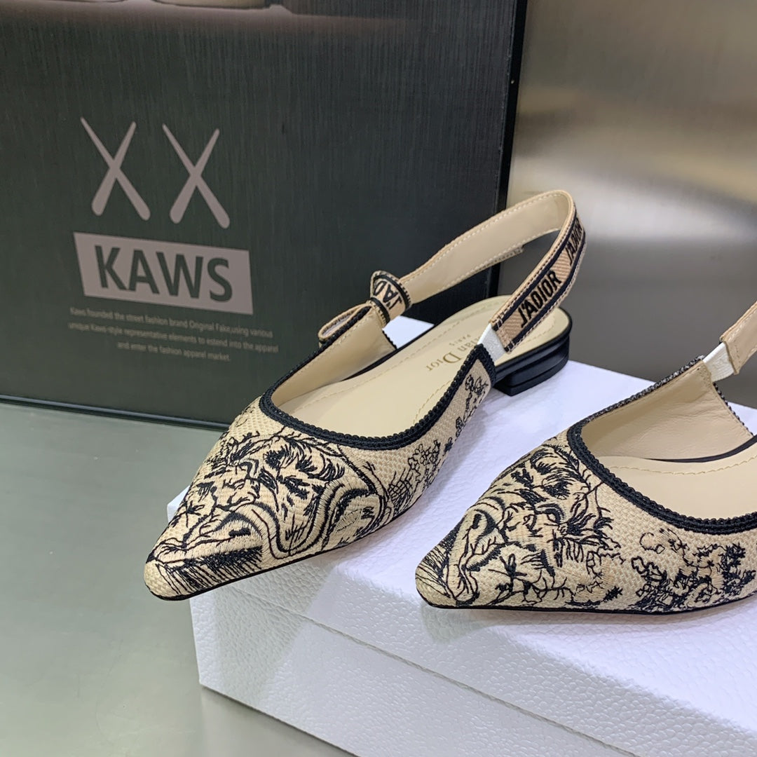 DIOR JA DIOR Slingback Flat Black Embroidered Cotton with Gold-Tone Metallic Thread