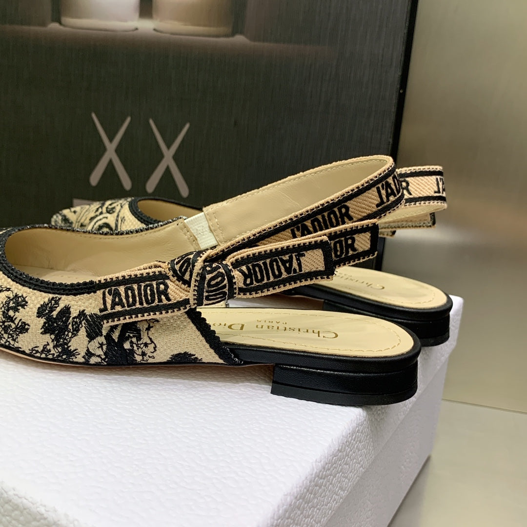 DIOR JA DIOR Slingback Flat Black Embroidered Cotton with Gold-Tone Metallic Thread