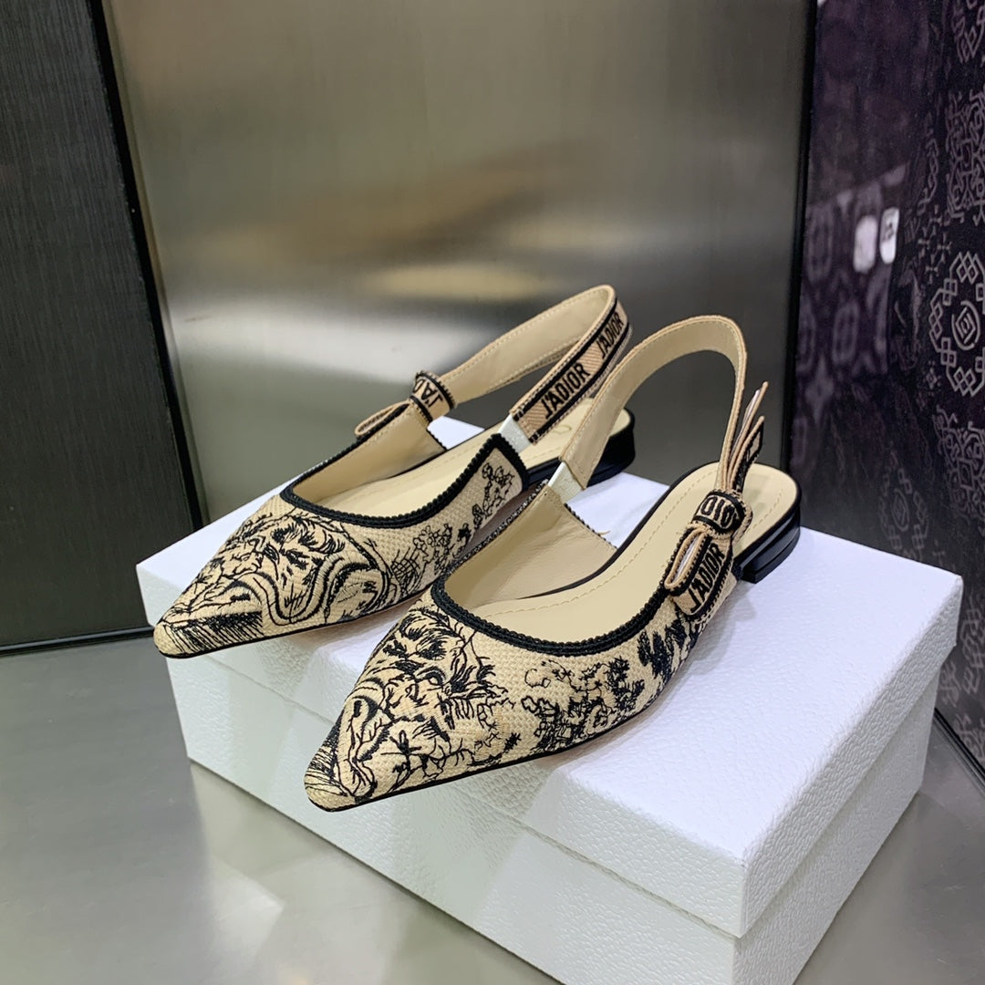DIOR JA DIOR Slingback Flat Black Embroidered Cotton with Gold-Tone Metallic Thread