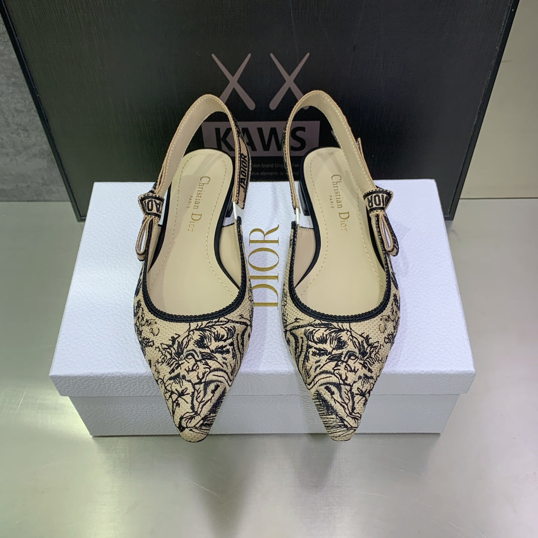DIOR JA DIOR Slingback Flat Black Embroidered Cotton with Gold-Tone Metallic Thread