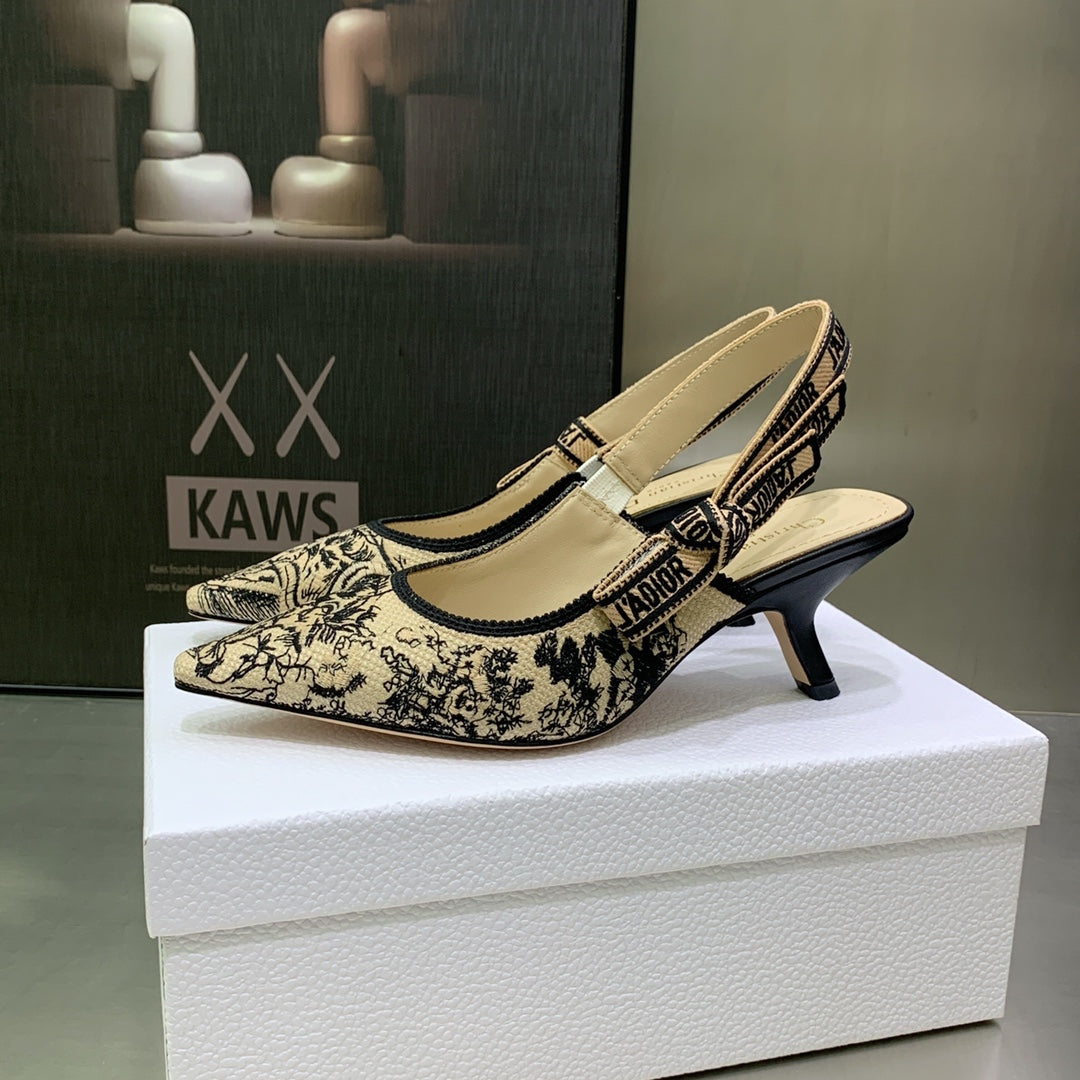 DIOR JA DIOR Slingback Pump 65 Black Embroidered Cotton with Gold-Tone Metallic Thread