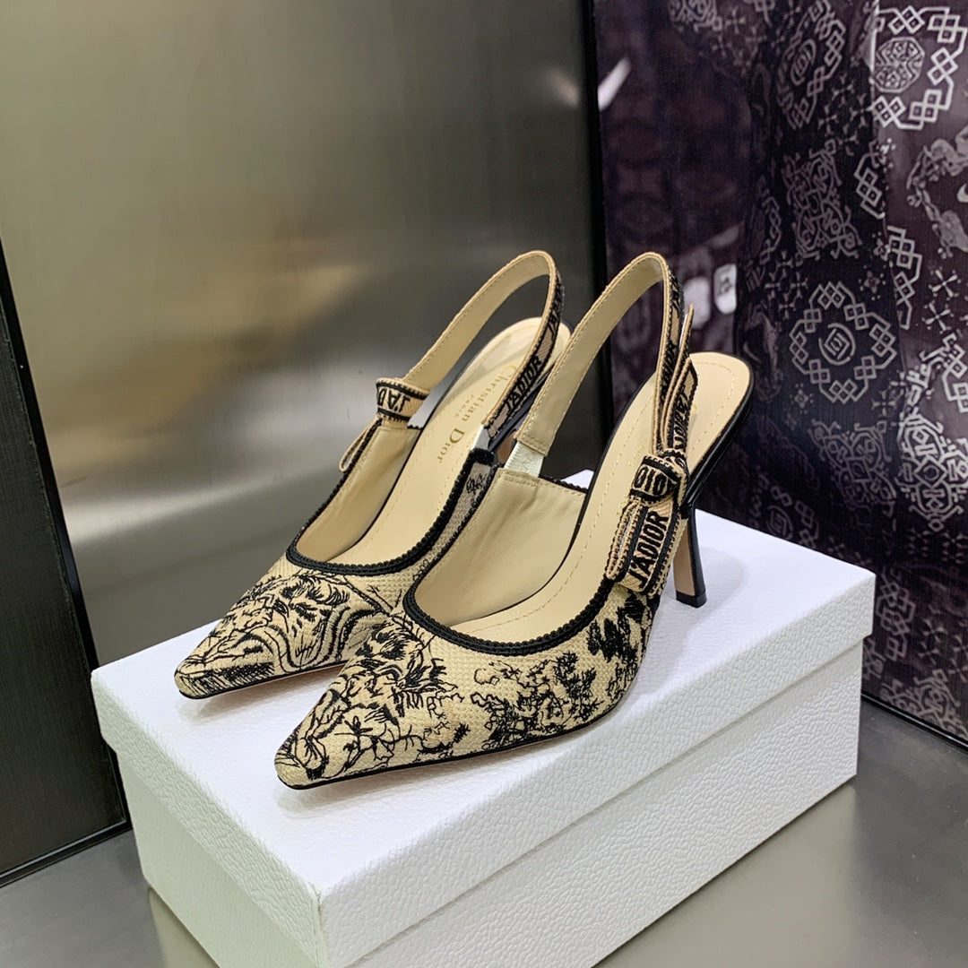 DIOR JA DIOR Slingback Pump 95 Black Embroidered Cotton with Gold-Tone Metallic Thread