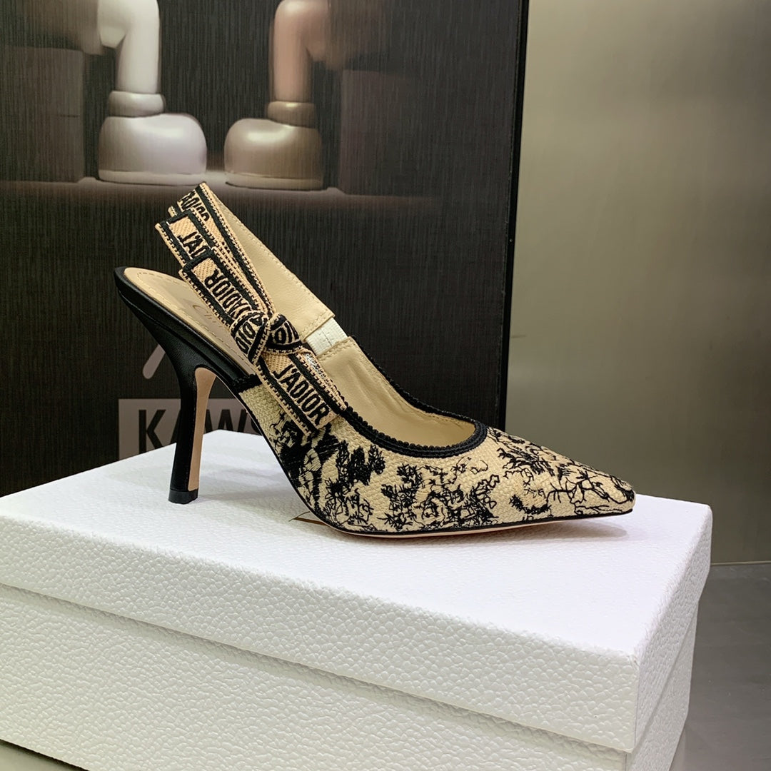 DIOR JA DIOR Slingback Pump 95 Black Embroidered Cotton with Gold-Tone Metallic Thread