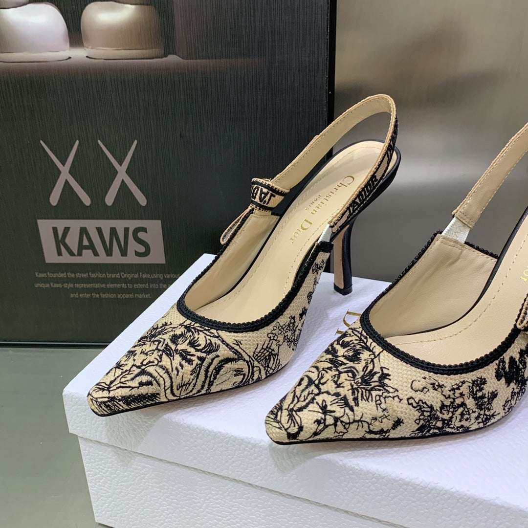 DIOR JA DIOR Slingback Pump 95 Black Embroidered Cotton with Gold-Tone Metallic Thread