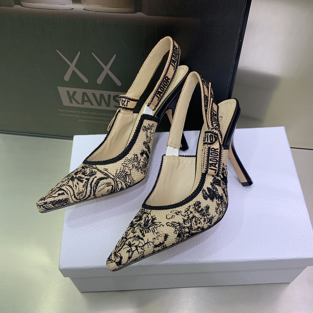DIOR JA DIOR Slingback Pump 95 Black Embroidered Cotton with Gold-Tone Metallic Thread