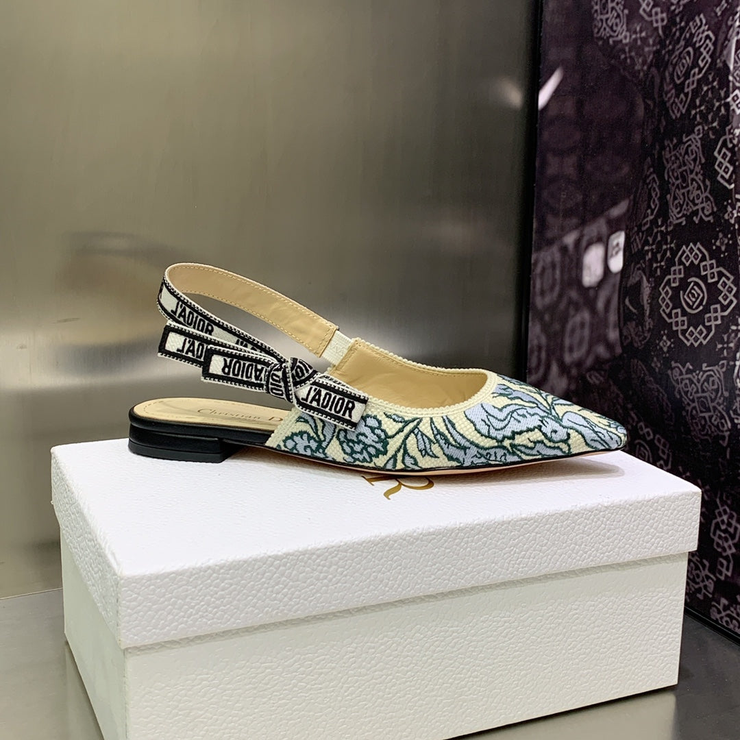 DIOR JA DIOR Slingback Flat Duck Blue Embroidered Cotton with Gold-Tone Metallic Thread