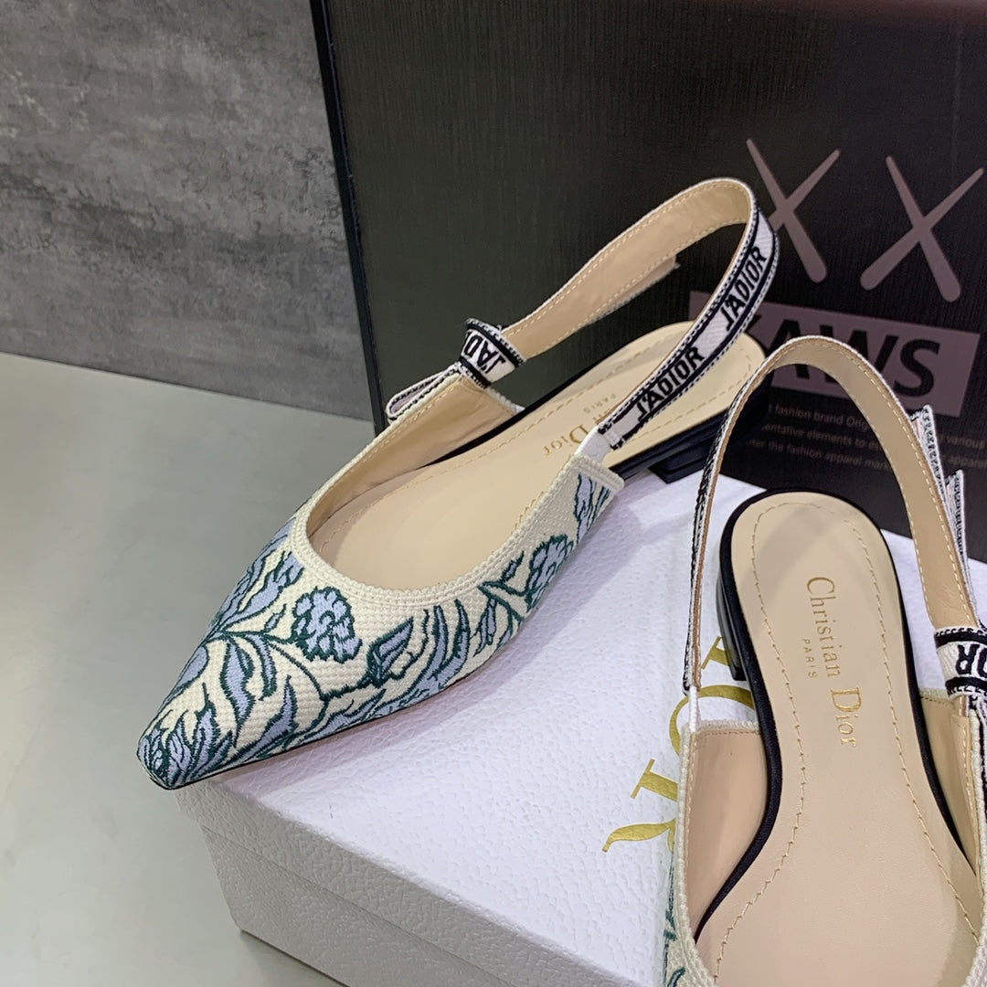 DIOR JA DIOR Slingback Flat Duck Blue Embroidered Cotton with Gold-Tone Metallic Thread