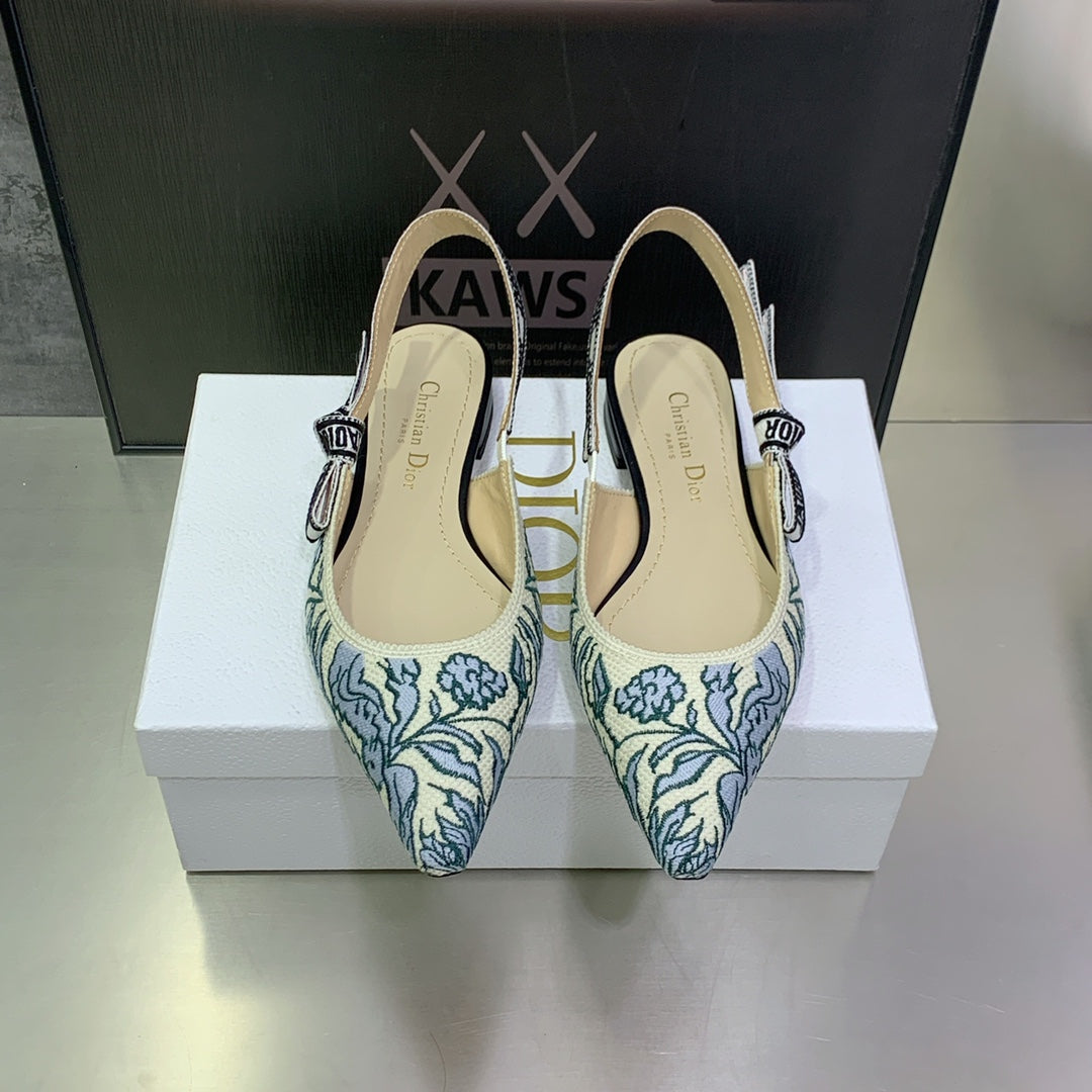 DIOR JA DIOR Slingback Flat Duck Blue Embroidered Cotton with Gold-Tone Metallic Thread