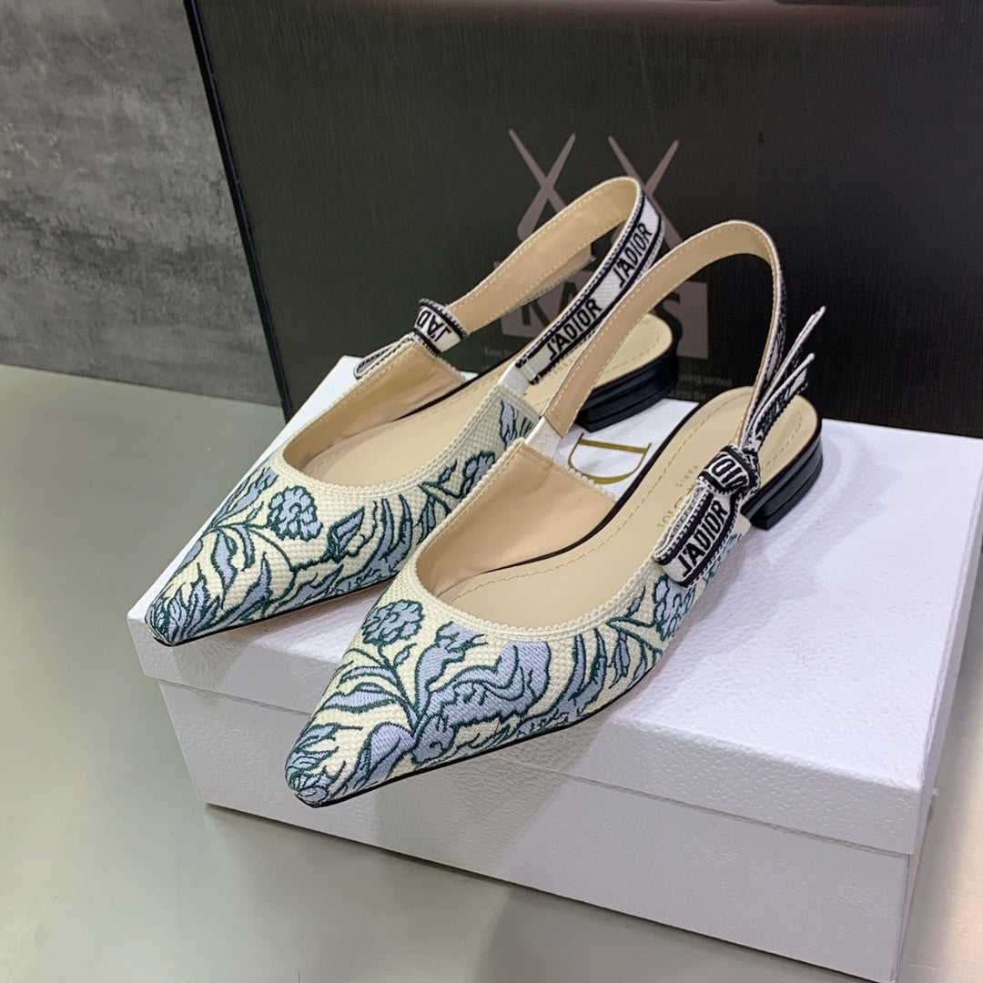 DIOR JA DIOR Slingback Flat Duck Blue Embroidered Cotton with Gold-Tone Metallic Thread